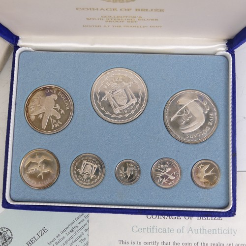 332 - A cased sterling silver 1974 Coinage of Belize eight Coin Set, issued by The franklin Mint, with cer... 