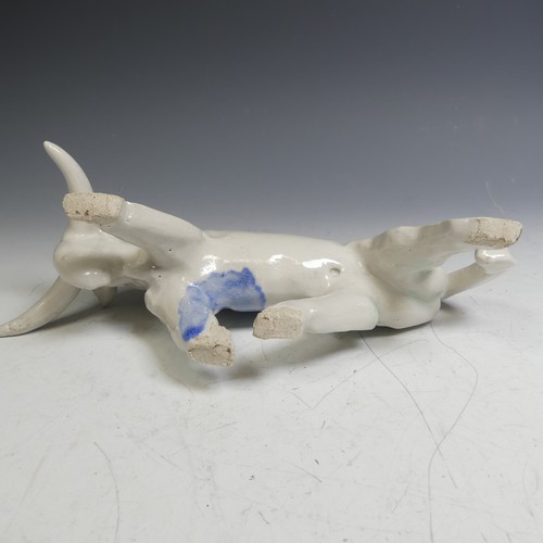 40 - Helena Bowen; a studio pottery figure of a Bull, of stylised form, white ground with touches of blue... 