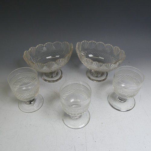 61 - A matched set of three antique moulded glass Rummers, H 13cm, together with a pair of cut glass nave... 