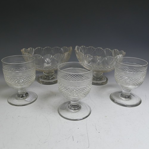 61 - A matched set of three antique moulded glass Rummers, H 13cm, together with a pair of cut glass nave... 