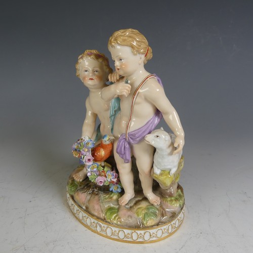 2 - A 19thC Meissen porcelain Group, modelled as a pair of Cupids with parrot and a lamb, missing an ear... 