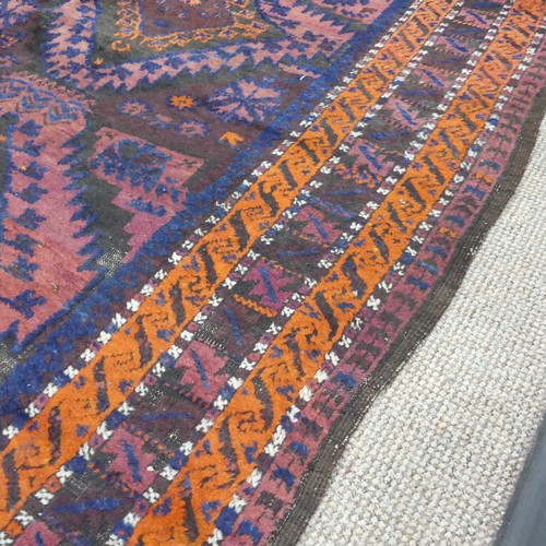 608 - Tribal Rugs; an old Afghan Rug, plum coloured ground with geometric patterned dark orange border, ti... 