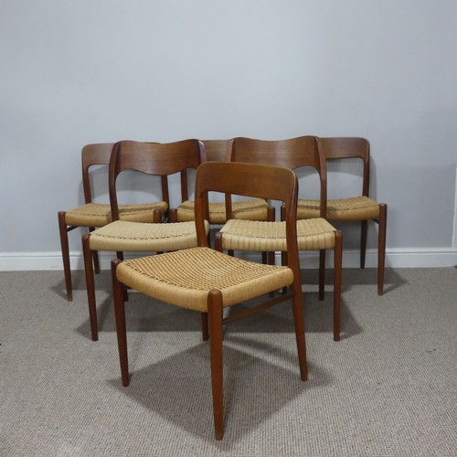 591 - A Harlequin set of six mid-20thC Niels Moller for J L Moller bar back teak dining Chairs, all with r... 