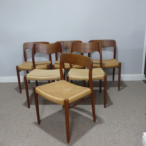 591 - A Harlequin set of six mid-20thC Niels Moller for J L Moller bar back teak dining Chairs, all with r... 