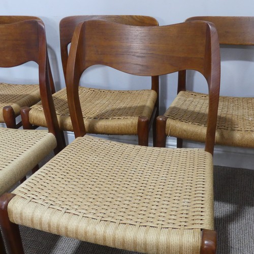 591 - A Harlequin set of six mid-20thC Niels Moller for J L Moller bar back teak dining Chairs, all with r... 