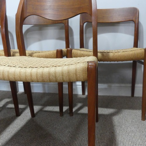 591 - A Harlequin set of six mid-20thC Niels Moller for J L Moller bar back teak dining Chairs, all with r... 