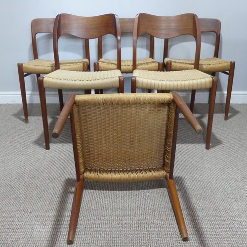 591 - A Harlequin set of six mid-20thC Niels Moller for J L Moller bar back teak dining Chairs, all with r... 