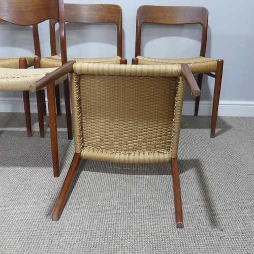 591 - A Harlequin set of six mid-20thC Niels Moller for J L Moller bar back teak dining Chairs, all with r... 