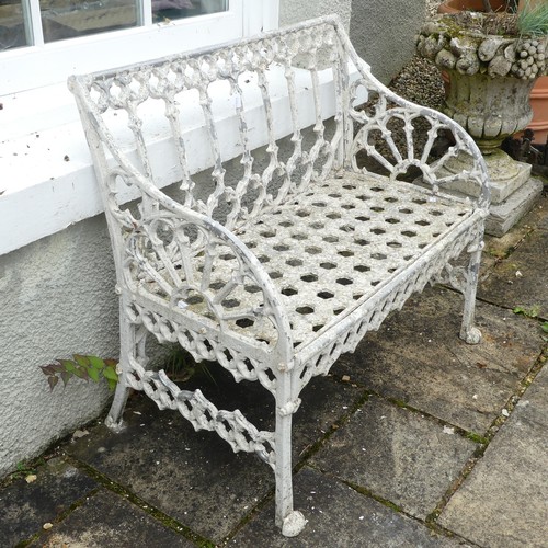 619 - A Georgian style painted metal garden Seat, the back and arm panels with Gothic style open work trac... 