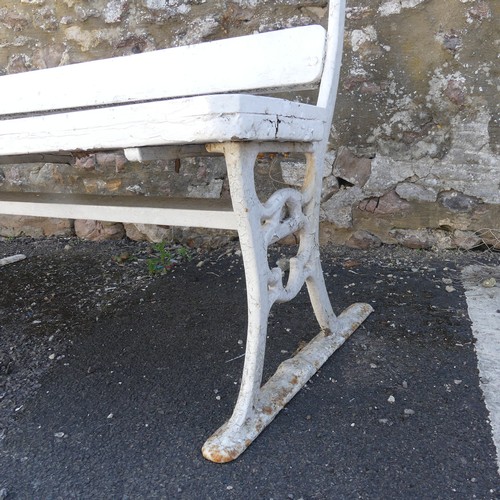 621 - A Vintage cast iron and white painted garden Seat/Bench, of small proportions, W 130 cm x H 86 cm x ... 