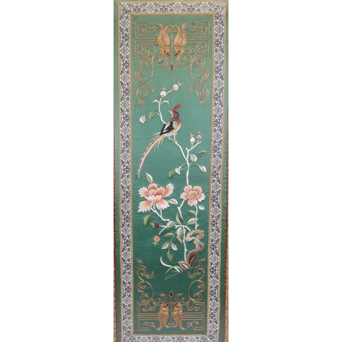 149 - A pair of 20thC Chinese Silk Opera Gown Panels, 60cm x 24cm, together with a pair of gold thread emb... 