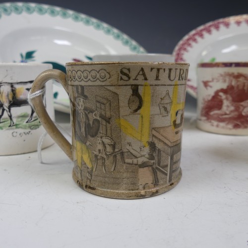 29 - An English pottery transfer printed Coffee Can, titled 'Saturday Night' with depiction of a scene, o... 