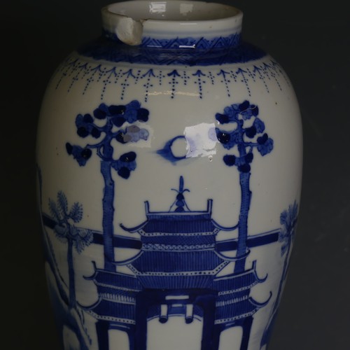 84 - A 19thC Chinese blue and white porcelain Vase, decorated with trees and pagoda in the moonlight, fou... 