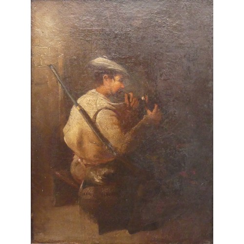 130 - 19th century Continental School, Huntsman with gun, smoking a pipe with a dog at his feet, oil on ca... 