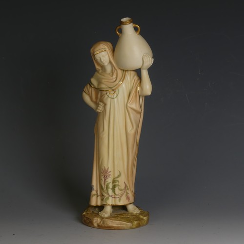 13 - A late 19thC Royal Worcester blush ivory Figure, No. 1250, modelled as a water carrier, printed and ... 