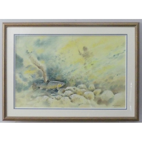 148 - Robin Armstrong (British, b. 1947), Brown Trout in riverbed, watercolour, signed lower right, 45cm x... 