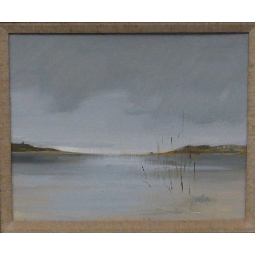 154 - E. Anne Gordon, D.A. (British, modern), River landscape, oil on board, signed 'Gordon', 30cm x 40cm,... 