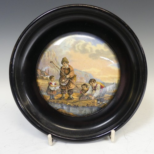 29 - A 19thC Staffordshire pottery pot-lids of 'The Village Wedding', together with another two (3)... 