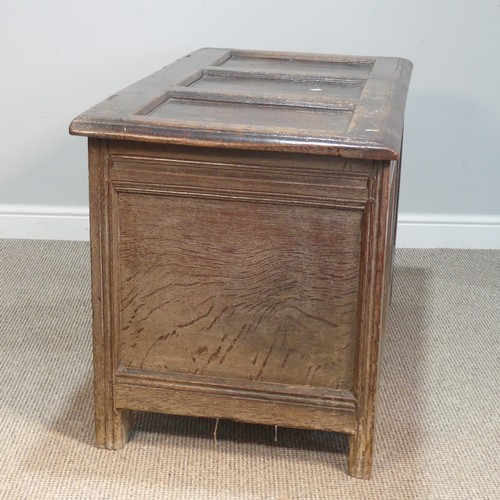 384 - An 18thC panelled oak Coffer, raised on square feet, W 109 cm x H 66 cm x D 56 cm.