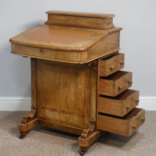 387 - A Victorian inlaid slopefront walnut Davenport, with writing skiver, above four drawers and four dum... 