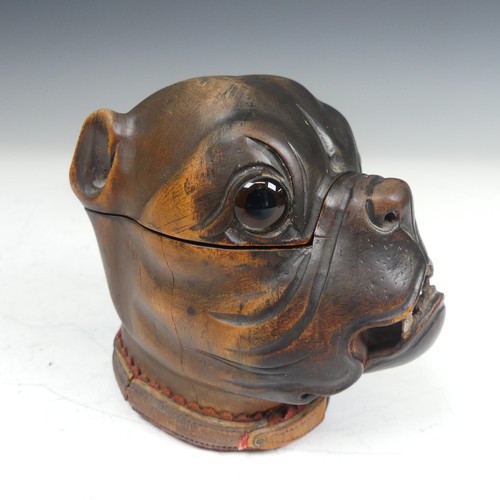 391 - A late Victorian novelty treen Inkwell, modelled as a boxer dog head, with glass eyes and leather co... 