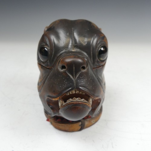 391 - A late Victorian novelty treen Inkwell, modelled as a boxer dog head, with glass eyes and leather co... 