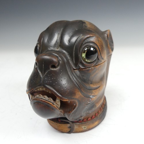 391 - A late Victorian novelty treen Inkwell, modelled as a boxer dog head, with glass eyes and leather co... 