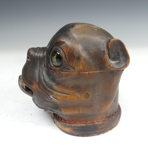 391 - A late Victorian novelty treen Inkwell, modelled as a boxer dog head, with glass eyes and leather co... 