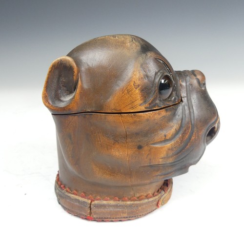 391 - A late Victorian novelty treen Inkwell, modelled as a boxer dog head, with glass eyes and leather co... 