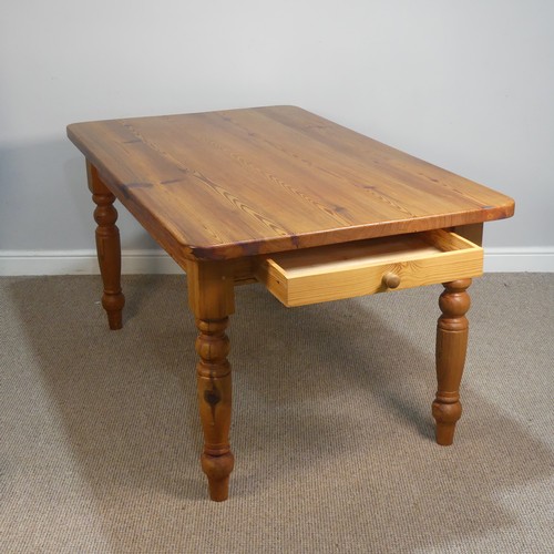 402 - A Modern pine kitchen Table, five plank top, W 152.5 cm x H 78 cm x D 91 cm, together with a set of ... 