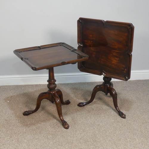 403 - A Pair of reproduction mahogany tripod wine Tables, the square tilt-tops with moulded borders, raise... 