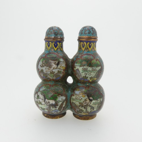 97 - A Chinese cloissone enamel joint double gourd Snuff Bottle, with stoppers, enamelled with scenes of ... 