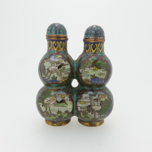 97 - A Chinese cloissone enamel joint double gourd Snuff Bottle, with stoppers, enamelled with scenes of ... 