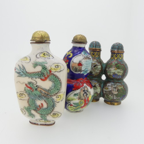 97 - A Chinese cloissone enamel joint double gourd Snuff Bottle, with stoppers, enamelled with scenes of ... 