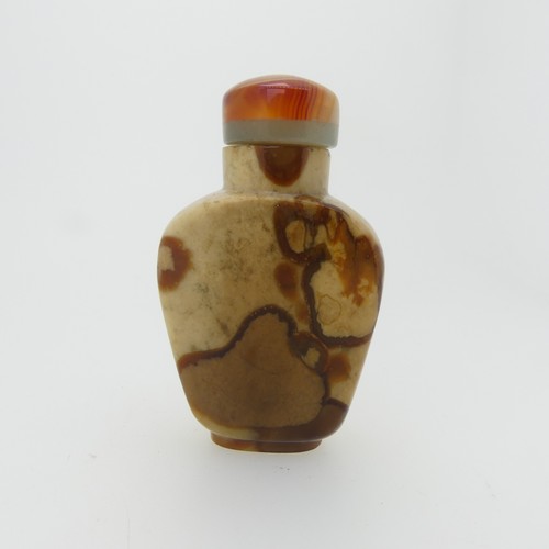 110 - An antique Chinese agate Snuff Bottle, of square stepped form, with coral type stopper, H 6cm, toget... 