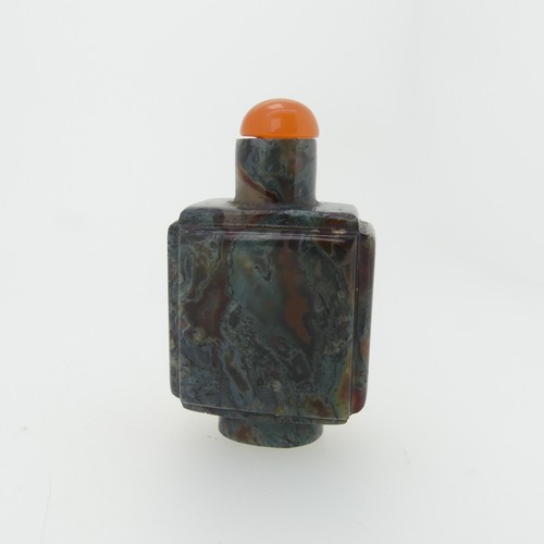 110 - An antique Chinese agate Snuff Bottle, of square stepped form, with coral type stopper, H 6cm, toget... 