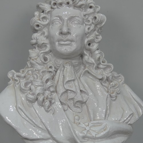 121 - A 20thC glazed Terracotta Bust of a Gentleman, possibly Handel, modelled with ringlets of hair, rais... 