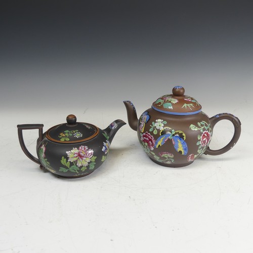 111 - A Chinese Yixing famille rose Teapot, decorated in enamels with flora and fauna, staple repair to ha... 