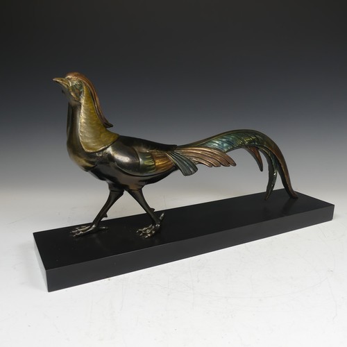 122 - A French Art Deco style spelter Figure, of a pheasant on black slate plinth, decorated with polychro... 