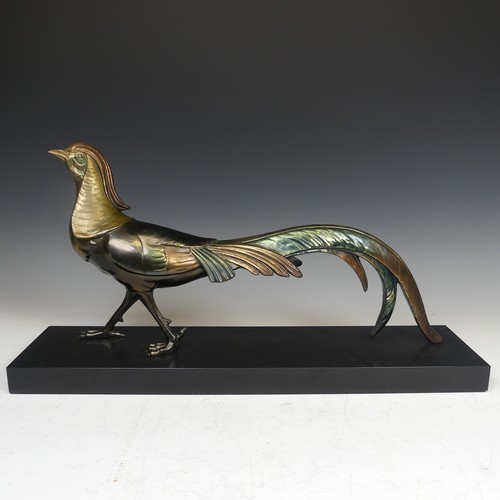 122 - A French Art Deco style spelter Figure, of a pheasant on black slate plinth, decorated with polychro... 