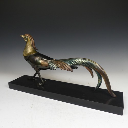 122 - A French Art Deco style spelter Figure, of a pheasant on black slate plinth, decorated with polychro... 