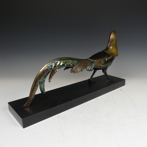 122 - A French Art Deco style spelter Figure, of a pheasant on black slate plinth, decorated with polychro... 