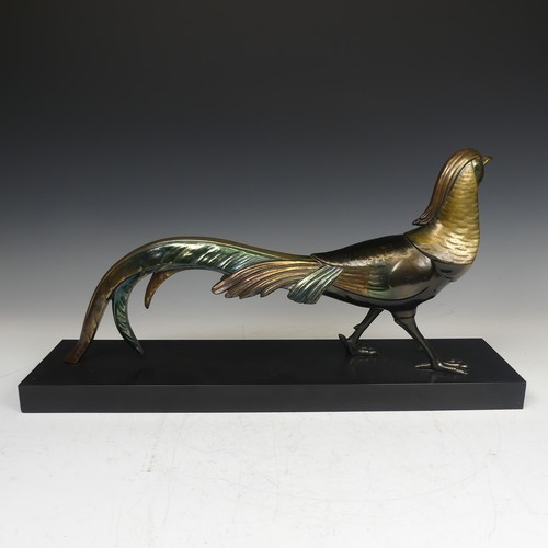 122 - A French Art Deco style spelter Figure, of a pheasant on black slate plinth, decorated with polychro... 