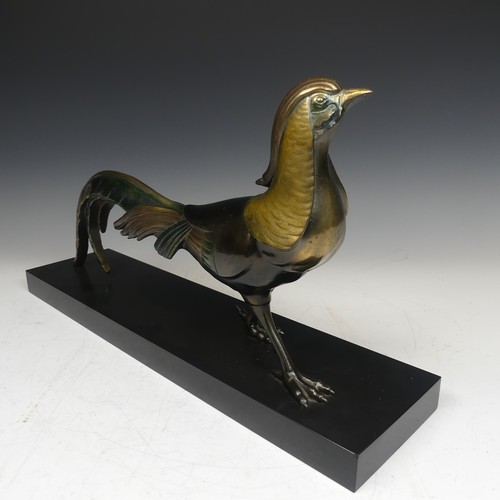 122 - A French Art Deco style spelter Figure, of a pheasant on black slate plinth, decorated with polychro... 