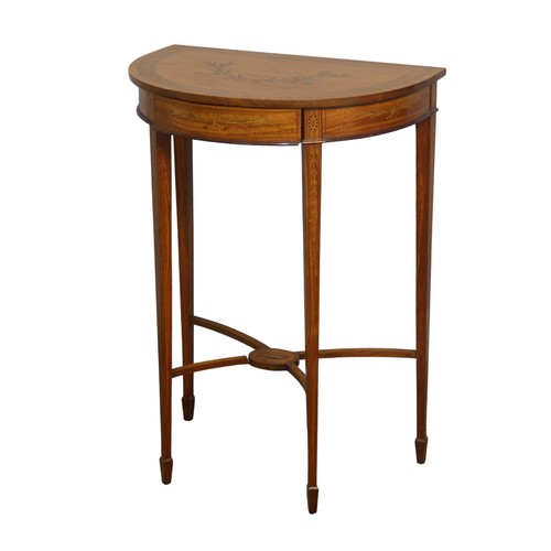 418 - An Antique style satinwood small demilune inlaid side Table, raised on inlaid tapering legs upon spa... 