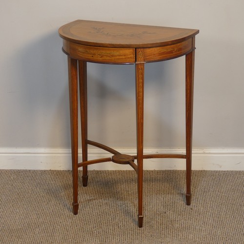 418 - An Antique style satinwood small demilune inlaid side Table, raised on inlaid tapering legs upon spa... 