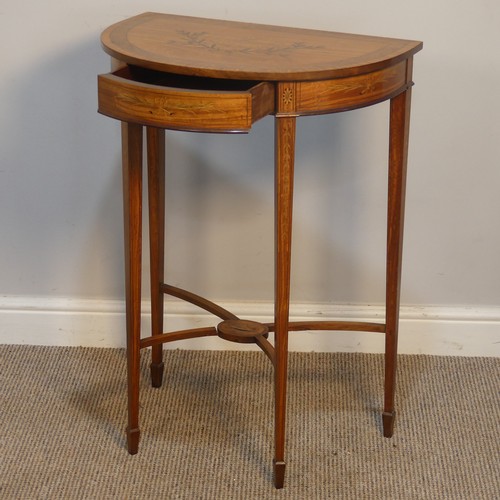 418 - An Antique style satinwood small demilune inlaid side Table, raised on inlaid tapering legs upon spa... 