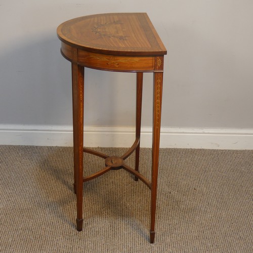 418 - An Antique style satinwood small demilune inlaid side Table, raised on inlaid tapering legs upon spa... 