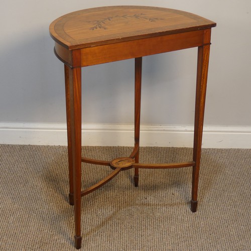 418 - An Antique style satinwood small demilune inlaid side Table, raised on inlaid tapering legs upon spa... 