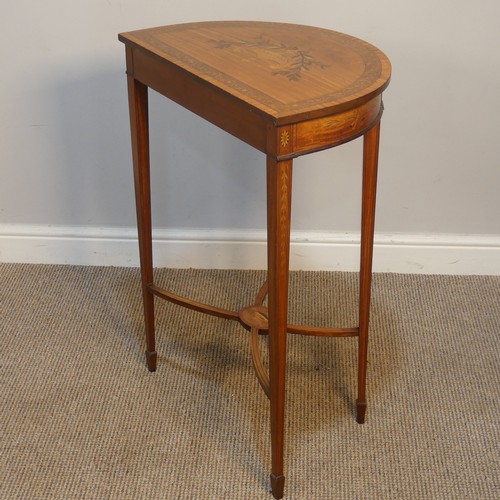 418 - An Antique style satinwood small demilune inlaid side Table, raised on inlaid tapering legs upon spa... 